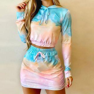 Set Of 2: Long-sleeve Tie-dye Cropped Hoodie / Tie-dye Skirt