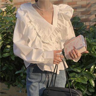 Plain Ruffle Long-sleeve Blouse White - One Size