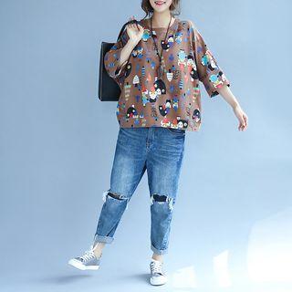 3/4-sleeve Cartoon Printed T-shirt
