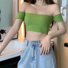 Short-sleeve Off Shoulder Cropped Top Green - One Size