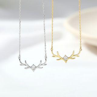 925 Sterling Silver Rhinestone Deer Horn Pendant Necklace