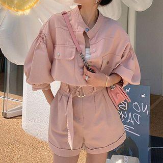 Set: Puff-sleeve Blouse + High-waist Wide-leg Shorts