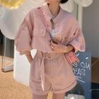Set: Puff-sleeve Blouse + High-waist Wide-leg Shorts