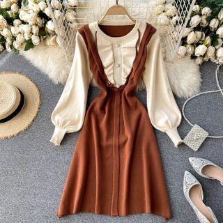 Mock Two-piece Round-neck Long-sleeve Knit Dress