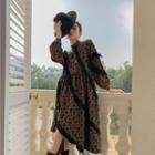 Puff-sleeve Ruffled Butterfly Print A-line Dress
