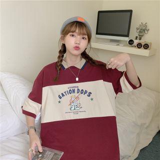 Elbow-sleeve Collared Color Block Shirt