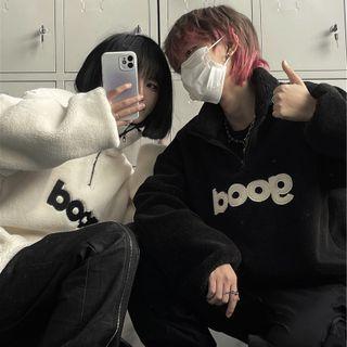 Letter Embroidered Faux Shearling Half-zip Sweatshirt