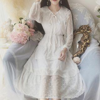 Long-sleeve Polka Dot A-line Midi Tiered Dress