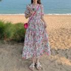 Short-sleeve Floral Print Midi A-line Dress Floral - White - One Size
