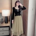 Long-sleeve Velvet Blouse / Midi A-line Skirt / Set