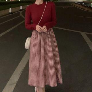 Mock Two-piece Long-sleeve Houndstooth Midi A-line Dress