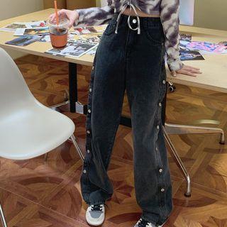 Buttoned Hem Wide-leg Jeans