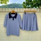 Contrast-collar Top & Flare Skirt Set Purple - One Size