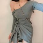 Long-sleeve One-shoulder Tie-waist Mini Dress