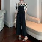 Puff-sleeve Off-shoulder Floral Top / Plain Wide-leg Jumpsuit