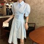 Set: Puff-sleeve Irregular A-line Shirtdress + Shirred Waistband