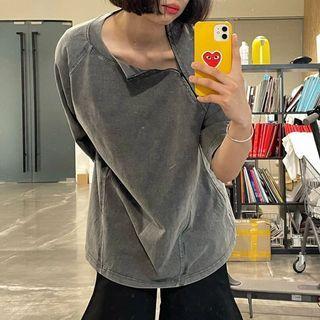 Short-sleeve Half-zip Washed T-shirt
