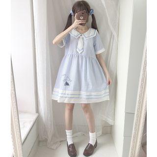 Pinstriped Sailor Print Short Sleeve Collared Dress