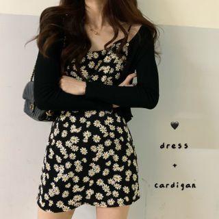 Cropped Cardigan / Spaghetti Strap Floral Print Mini Dress