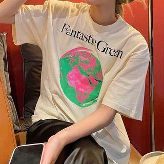 Elbow-sleeve Graphic Print T-shirt Light Almond - One Size