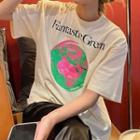 Elbow-sleeve Graphic Print T-shirt Light Almond - One Size