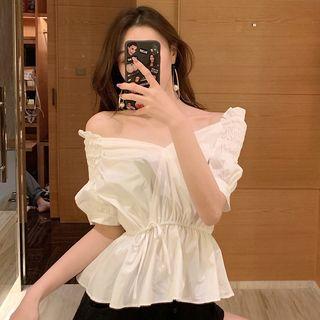 V-neck Short-sleeve Peplum Blouse White - One Size