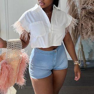 Feather Trim Cropped Blouse