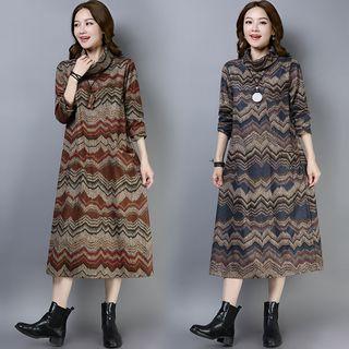 Long-sleeve Patterned Mock-neck Midi A-line Dress