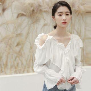 Ruffle Trim V-neck Cold-shoulder Blouse White - One Size