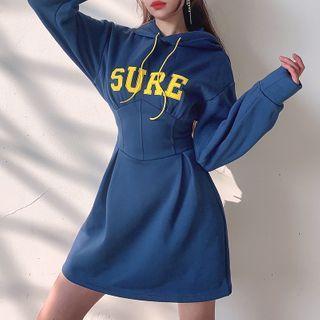 Long-sleeve Letter Embroidered Hooded Mini A-line Dress