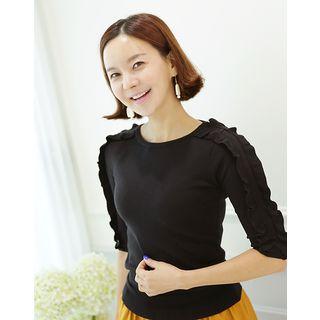 Frill-trim Elbow-sleeve Knit Top