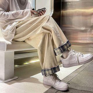 Straight Leg Corduroy Panel Plaid Pants