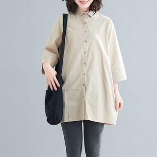 Plain 3/4-sleeve Shirt Khaki - L