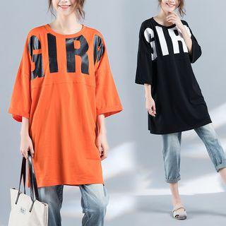 Lettering 3/4-sleeve Longline T-shirt