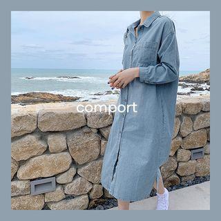 Dual-pocket Long Denim Shirtdress