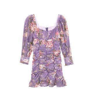 Floral Print Long-sleeve Shirred Mini Dress