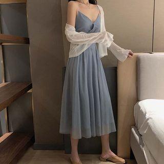 Set: Spaghetti Strap Midi A-line Dress + Light Jacket