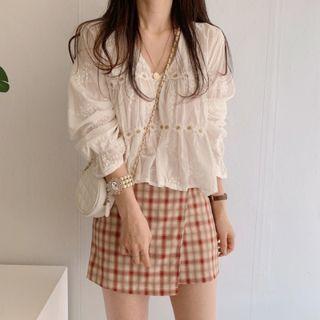 Long-sleeve V-neck Plain Flower Print Blouse