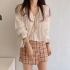 Long-sleeve V-neck Plain Flower Print Blouse