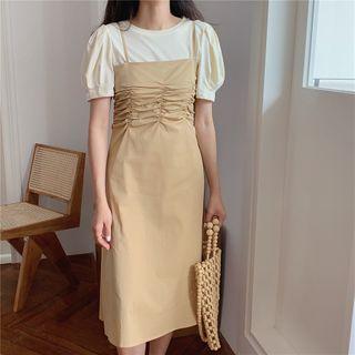 Puff-sleeve Top / Spaghetti-strap Midi A-line Pinafore Dress