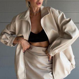 Oversized Pu Leather Plain Zip Jacket