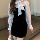 Long-sleeve Ribbon Accent Velvet Mini Bodycon Dress