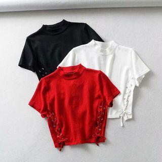 Short-sleeve Mock-neck Lace-up Knit Top