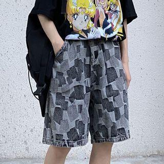 High-waist Patterned Straight Leg Denim Shorts