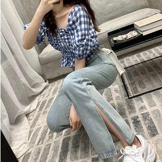 Plain High-waist Washed Straight-leg Jeans