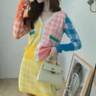 V-neck Color-block Cardigan / Plaid Knit Skirt Set - One Size