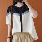 Short-sleeve Striped Blouse Blue & White - One Size