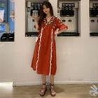 Short-sleeve Embroidered Midi A-line Dress Red - One Size