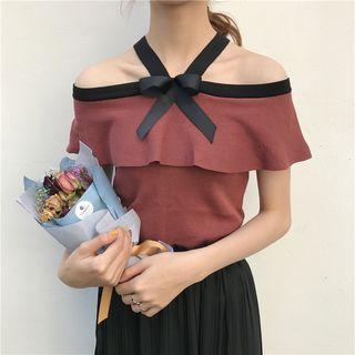 Cutout Shoulder Bow Accent Short Sleeve Ruffled Blouse