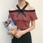 Cutout Shoulder Bow Accent Short Sleeve Ruffled Blouse